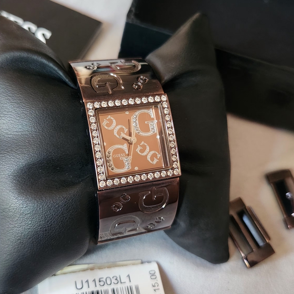 GUESS Rose Gold-Tone Crystal Accent Logo Bangle Watch